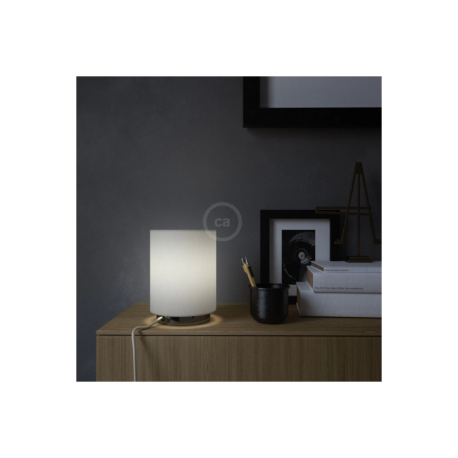 Posaluce With White Raw Cotton Cylinder Lampshade, Black Pearl Metal, With Textile Cable, Switch And Plug 4 Posaluce With White Raw Cotton Cylinder Lampshade, Black Pearl Metal, With Textile Cable, Switch And Plug - Image 2